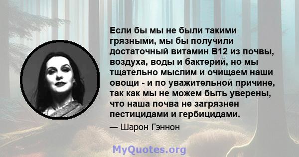 Если бы мы не были такими грязными, мы бы получили достаточный витамин В12 из почвы, воздуха, воды и бактерий, но мы тщательно мыслим и очищаем наши овощи - и по уважительной причине, так как мы не можем быть уверены,