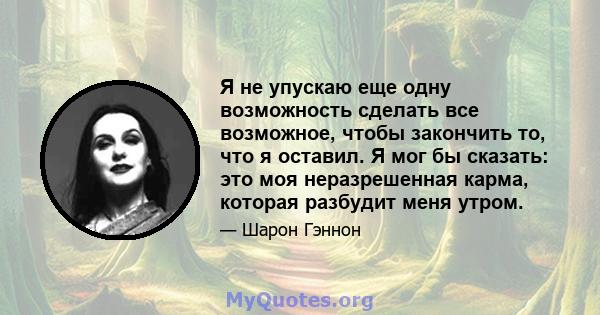 Я не упускаю еще одну возможность сделать все возможное, чтобы закончить то, что я оставил. Я мог бы сказать: это моя неразрешенная карма, которая разбудит меня утром.