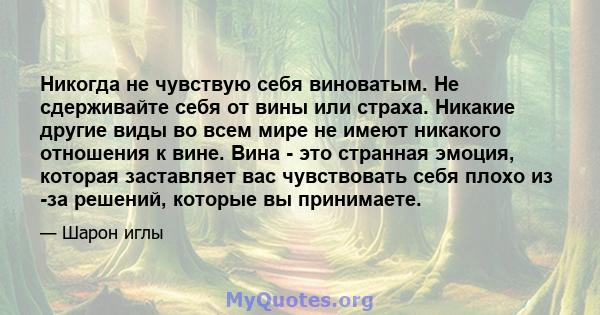 Никогда не чувствую себя виноватым. Не сдерживайте себя от вины или страха. Никакие другие виды во всем мире не имеют никакого отношения к вине. Вина - это странная эмоция, которая заставляет вас чувствовать себя плохо