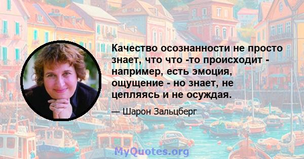 Качество осознанности не просто знает, что что -то происходит - например, есть эмоция, ощущение - но знает, не цепляясь и не осуждая.