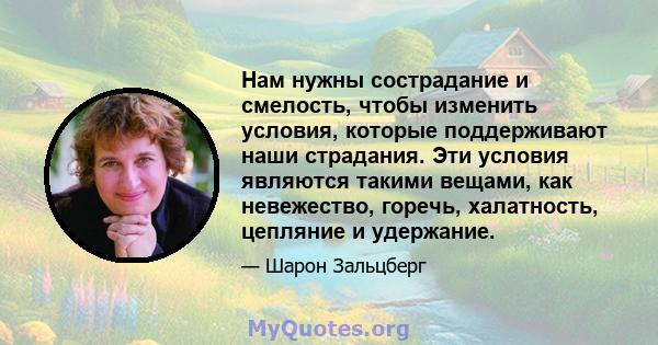 Нам нужны сострадание и смелость, чтобы изменить условия, которые поддерживают наши страдания. Эти условия являются такими вещами, как невежество, горечь, халатность, цепляние и удержание.