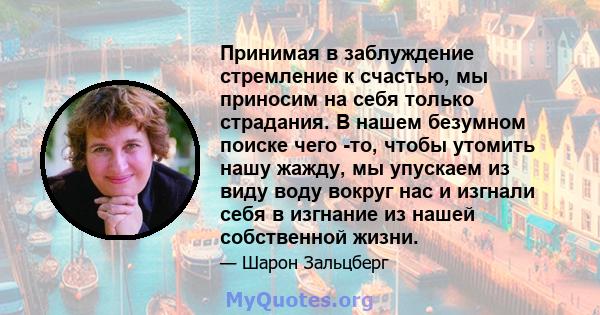 Принимая в заблуждение стремление к счастью, мы приносим на себя только страдания. В нашем безумном поиске чего -то, чтобы утомить нашу жажду, мы упускаем из виду воду вокруг нас и изгнали себя в изгнание из нашей