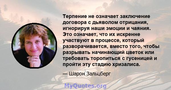 Терпение не означает заключение договора с дьяволом отрицания, игнорируя наши эмоции и чаяния. Это означает, что их искренне участвуют в процессе, который разворачивается, вместо того, чтобы разрывать начинающий цветок