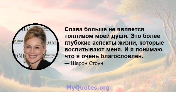 Слава больше не является топливом моей души. Это более глубокие аспекты жизни, которые воспитывают меня. И я понимаю, что я очень благословлен.