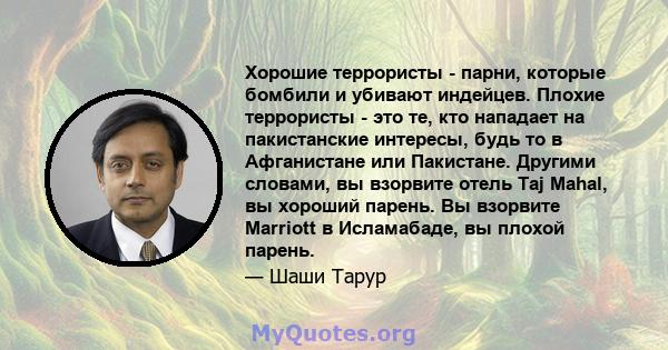 Хорошие террористы - парни, которые бомбили и убивают индейцев. Плохие террористы - это те, кто нападает на пакистанские интересы, будь то в Афганистане или Пакистане. Другими словами, вы взорвите отель Taj Mahal, вы