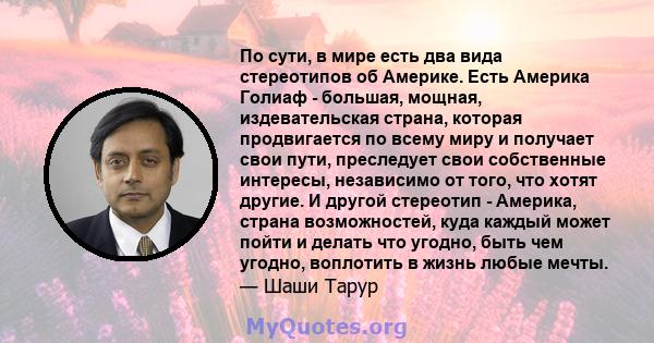 По сути, в мире есть два вида стереотипов об Америке. Есть Америка Голиаф - большая, мощная, издевательская страна, которая продвигается по всему миру и получает свои пути, преследует свои собственные интересы,