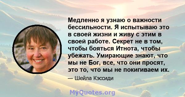 Медленно я узнаю о важности бессильности. Я испытываю это в своей жизни и живу с этим в своей работе. Секрет не в том, чтобы бояться Итнота, чтобы убежать. Умирающие знают, что мы не Бог, все, что они просят, это то,