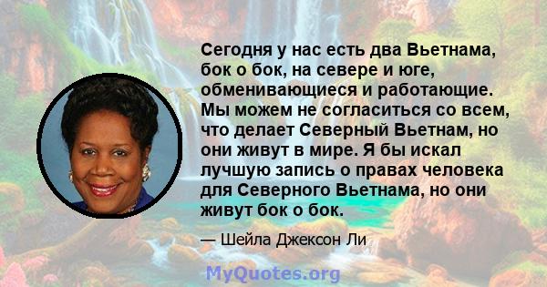 Сегодня у нас есть два Вьетнама, бок о бок, на севере и юге, обменивающиеся и работающие. Мы можем не согласиться со всем, что делает Северный Вьетнам, но они живут в мире. Я бы искал лучшую запись о правах человека для 