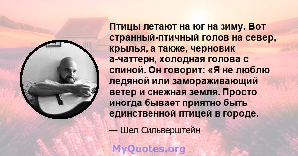 Птицы летают на юг на зиму. Вот странный-птичный голов на север, крылья, а также, черновик а-чаттерн, холодная голова с спиной. Он говорит: «Я не люблю ледяной или замораживающий ветер и снежная земля. Просто иногда