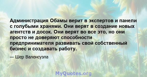 Администрация Обамы верит в экспертов и панели с голубыми хранями. Они верят в создание новых агентств и досок. Они верят во все это, но они просто не доверяют способности предпринимателя развивать свой собственный