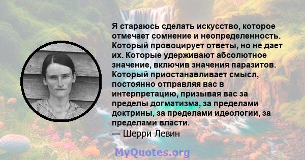 Я стараюсь сделать искусство, которое отмечает сомнение и неопределенность. Который провоцирует ответы, но не дает их. Которые удерживают абсолютное значение, включив значения паразитов. Который приостанавливает смысл,