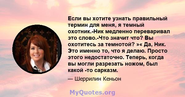 Если вы хотите узнать правильный термин для меня, я темный охотник.-Ник медленно переваривал это слово.-Что значит что? Вы охотитесь за темнотой? »« Да, Ник. Это именно то, что я делаю. Просто этого недостаточно.