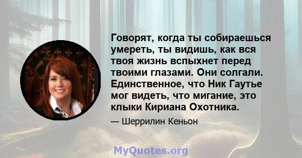 Говорят, когда ты собираешься умереть, ты видишь, как вся твоя жизнь вспыхнет перед твоими глазами. Они солгали. Единственное, что Ник Гаутье мог видеть, что мигание, это клыки Кириана Охотника.