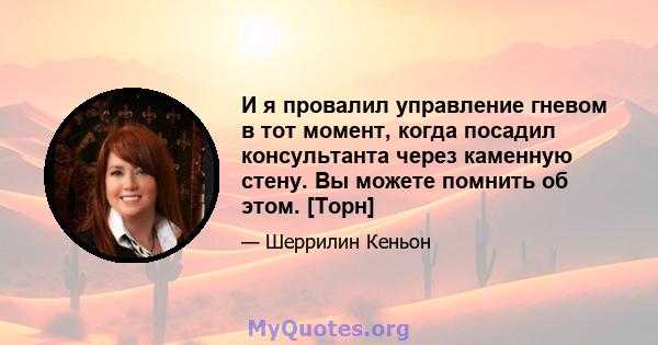 И я провалил управление гневом в тот момент, когда посадил консультанта через каменную стену. Вы можете помнить об этом. [Торн]