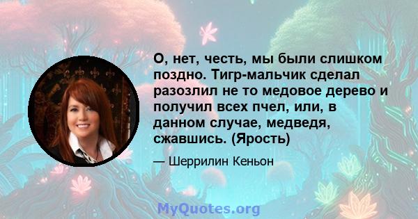 О, нет, честь, мы были слишком поздно. Тигр-мальчик сделал разозлил не то медовое дерево и получил всех пчел, или, в данном случае, медведя, сжавшись. (Ярость)