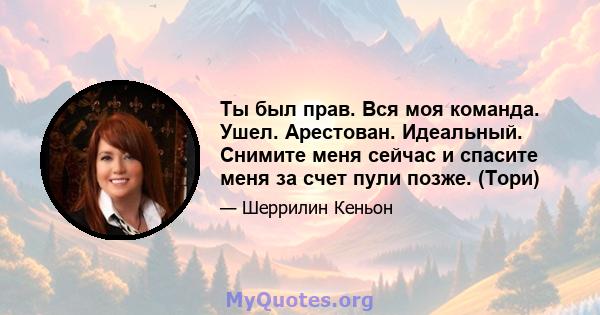 Ты был прав. Вся моя команда. Ушел. Арестован. Идеальный. Снимите меня сейчас и спасите меня за счет пули позже. (Тори)