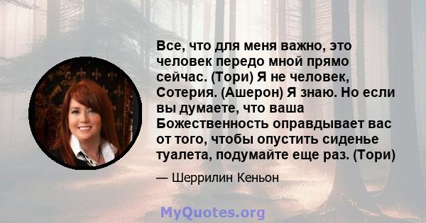 Все, что для меня важно, это человек передо мной прямо сейчас. (Тори) Я не человек, Сотерия. (Ашерон) Я знаю. Но если вы думаете, что ваша Божественность оправдывает вас от того, чтобы опустить сиденье туалета,