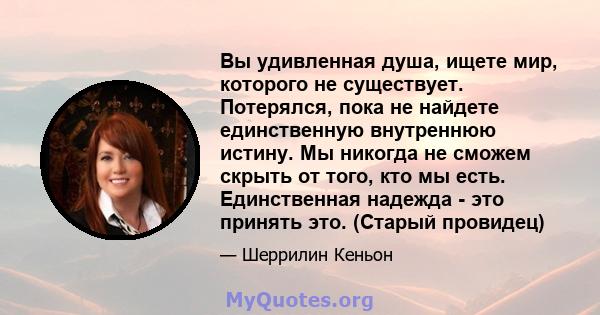 Вы удивленная душа, ищете мир, которого не существует. Потерялся, пока не найдете единственную внутреннюю истину. Мы никогда не сможем скрыть от того, кто мы есть. Единственная надежда - это принять это. (Старый