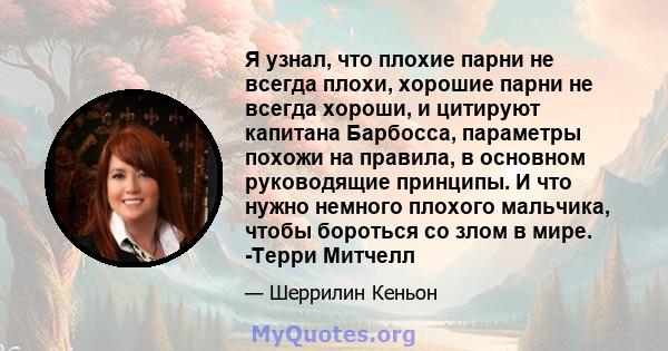 Я узнал, что плохие парни не всегда плохи, хорошие парни не всегда хороши, и цитируют капитана Барбосса, параметры похожи на правила, в основном руководящие принципы. И что нужно немного плохого мальчика, чтобы бороться 