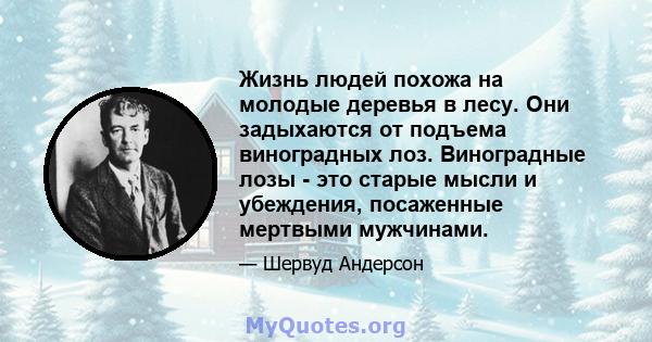 Жизнь людей похожа на молодые деревья в лесу. Они задыхаются от подъема виноградных лоз. Виноградные лозы - это старые мысли и убеждения, посаженные мертвыми мужчинами.