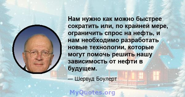 Нам нужно как можно быстрее сократить или, по крайней мере, ограничить спрос на нефть, и нам необходимо разработать новые технологии, которые могут помочь решить нашу зависимость от нефти в будущем.