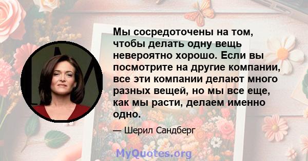 Мы сосредоточены на том, чтобы делать одну вещь невероятно хорошо. Если вы посмотрите на другие компании, все эти компании делают много разных вещей, но мы все еще, как мы расти, делаем именно одно.