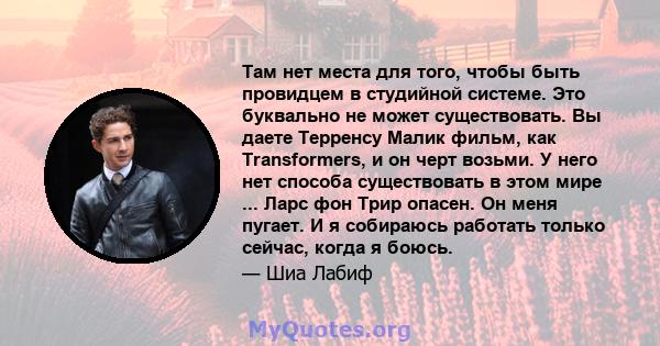 Там нет места для того, чтобы быть провидцем в студийной системе. Это буквально не может существовать. Вы даете Терренсу Малик фильм, как Transformers, и он черт возьми. У него нет способа существовать в этом мире ...