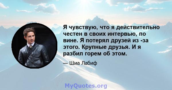 Я чувствую, что я действительно честен в своих интервью, по вине. Я потерял друзей из -за этого. Крупные друзья. И я разбил горем об этом.