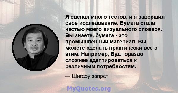 Я сделал много тестов, и я завершил свое исследование. Бумага стала частью моего визуального словаря. Вы знаете, бумага - это промышленный материал. Вы можете сделать практически все с этим. Например, Вуд гораздо