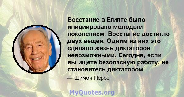 Восстание в Египте было инициировано молодым поколением. Восстание достигло двух вещей. Одним из них это сделало жизнь диктаторов невозможными. Сегодня, если вы ищете безопасную работу, не становитесь диктатором.