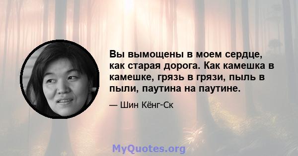 Вы вымощены в моем сердце, как старая дорога. Как камешка в камешке, грязь в грязи, пыль в пыли, паутина на паутине.