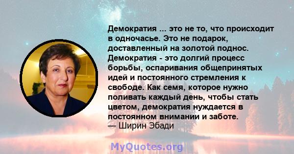 Демократия ... это не то, что происходит в одночасье. Это не подарок, доставленный на золотой поднос. Демократия - это долгий процесс борьбы, оспаривания общепринятых идей и постоянного стремления к свободе. Как семя,