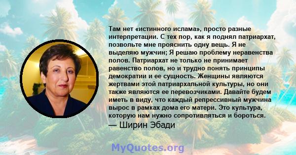 Там нет «истинного ислама», просто разные интерпретации. С тех пор, как я поднял патриархат, позвольте мне прояснить одну вещь. Я не выделяю мужчин; Я решаю проблему неравенства полов. Патриархат не только не принимает