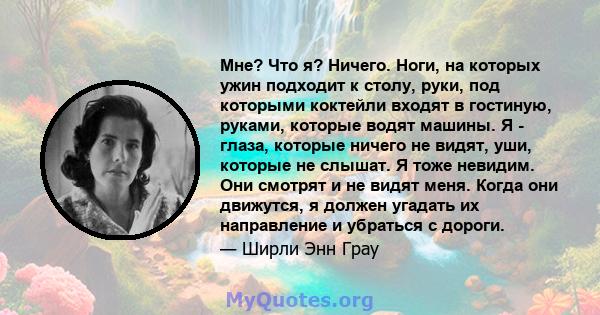 Мне? Что я? Ничего. Ноги, на которых ужин подходит к столу, руки, под которыми коктейли входят в гостиную, руками, которые водят машины. Я - глаза, которые ничего не видят, уши, которые не слышат. Я тоже невидим. Они