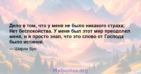 Дело в том, что у меня не было никакого страха; Нет беспокойства. У меня был этот мир преодолел меня, и я просто знал, что это слово от Господа было истиной.