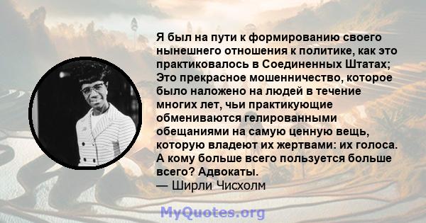 Я был на пути к формированию своего нынешнего отношения к политике, как это практиковалось в Соединенных Штатах; Это прекрасное мошенничество, которое было наложено на людей в течение многих лет, чьи практикующие