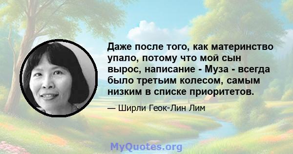 Даже после того, как материнство упало, потому что мой сын вырос, написание - Муза - всегда было третьим колесом, самым низким в списке приоритетов.