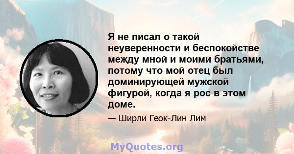 Я не писал о такой неуверенности и беспокойстве между мной и моими братьями, потому что мой отец был доминирующей мужской фигурой, когда я рос в этом доме.