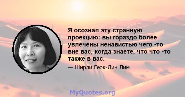 Я осознал эту странную проекцию: вы гораздо более увлечены ненавистью чего -то вне вас, когда знаете, что что -то также в вас.