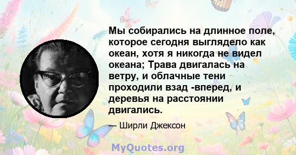 Мы собирались на длинное поле, которое сегодня выглядело как океан, хотя я никогда не видел океана; Трава двигалась на ветру, и облачные тени проходили взад -вперед, и деревья на расстоянии двигались.