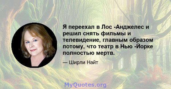 Я переехал в Лос -Анджелес и решил снять фильмы и телевидение, главным образом потому, что театр в Нью -Йорке полностью мертв.