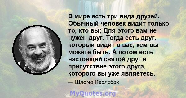 В мире есть три вида друзей. Обычный человек видит только то, кто вы; Для этого вам не нужен друг. Тогда есть друг, который видит в вас, кем вы можете быть. А потом есть настоящий святой друг и присутствие этого друга,