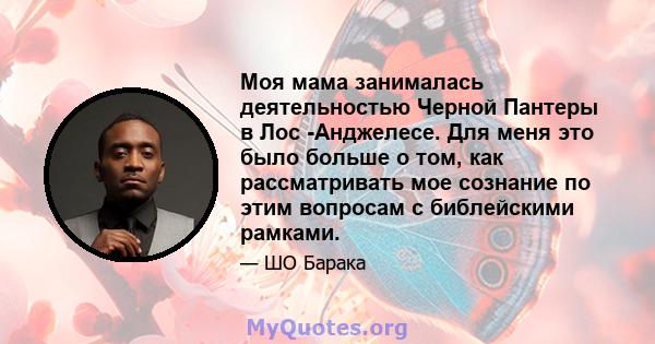 Моя мама занималась деятельностью Черной Пантеры в Лос -Анджелесе. Для меня это было больше о том, как рассматривать мое сознание по этим вопросам с библейскими рамками.