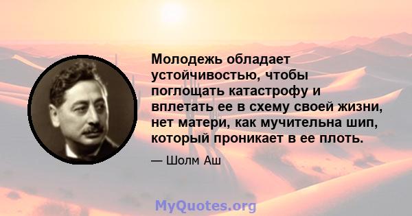 Молодежь обладает устойчивостью, чтобы поглощать катастрофу и вплетать ее в схему своей жизни, нет матери, как мучительна шип, который проникает в ее плоть.