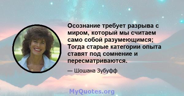 Осознание требует разрыва с миром, который мы считаем само собой разумеющимся; Тогда старые категории опыта ставят под сомнение и пересматриваются.