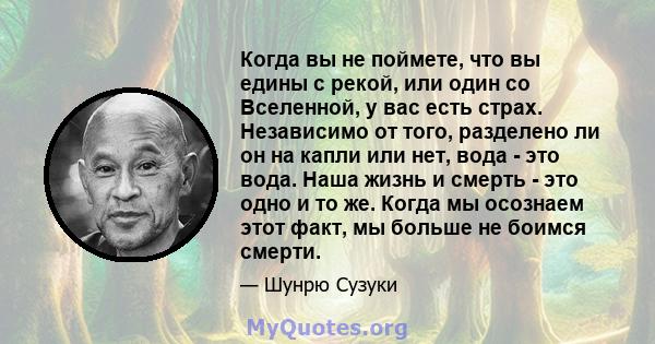 Когда вы не поймете, что вы едины с рекой, или один со Вселенной, у вас есть страх. Независимо от того, разделено ли он на капли или нет, вода - это вода. Наша жизнь и смерть - это одно и то же. Когда мы осознаем этот