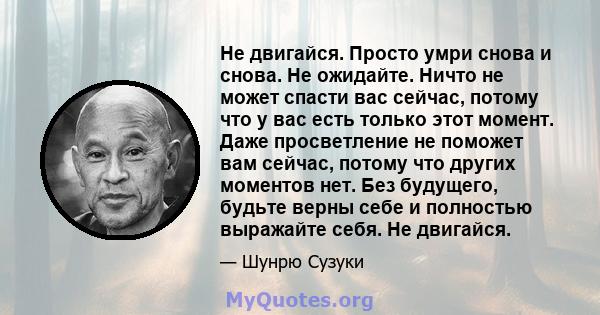 Не двигайся. Просто умри снова и снова. Не ожидайте. Ничто не может спасти вас сейчас, потому что у вас есть только этот момент. Даже просветление не поможет вам сейчас, потому что других моментов нет. Без будущего,