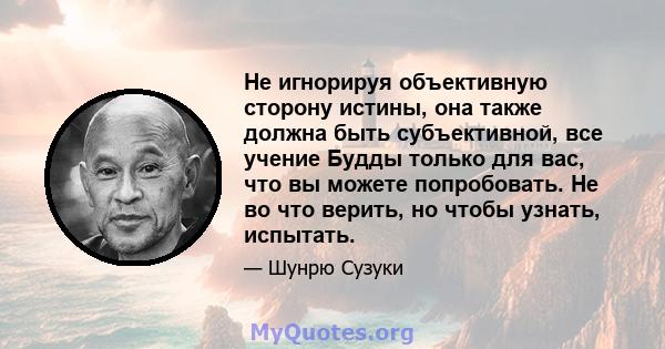 Не игнорируя объективную сторону истины, она также должна быть субъективной, все учение Будды только для вас, что вы можете попробовать. Не во что верить, но чтобы узнать, испытать.