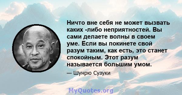 Ничто вне себя не может вызвать каких -либо неприятностей. Вы сами делаете волны в своем уме. Если вы покинете свой разум таким, как есть, это станет спокойным. Этот разум называется большим умом.