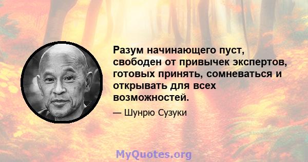 Разум начинающего пуст, свободен от привычек экспертов, готовых принять, сомневаться и открывать для всех возможностей.